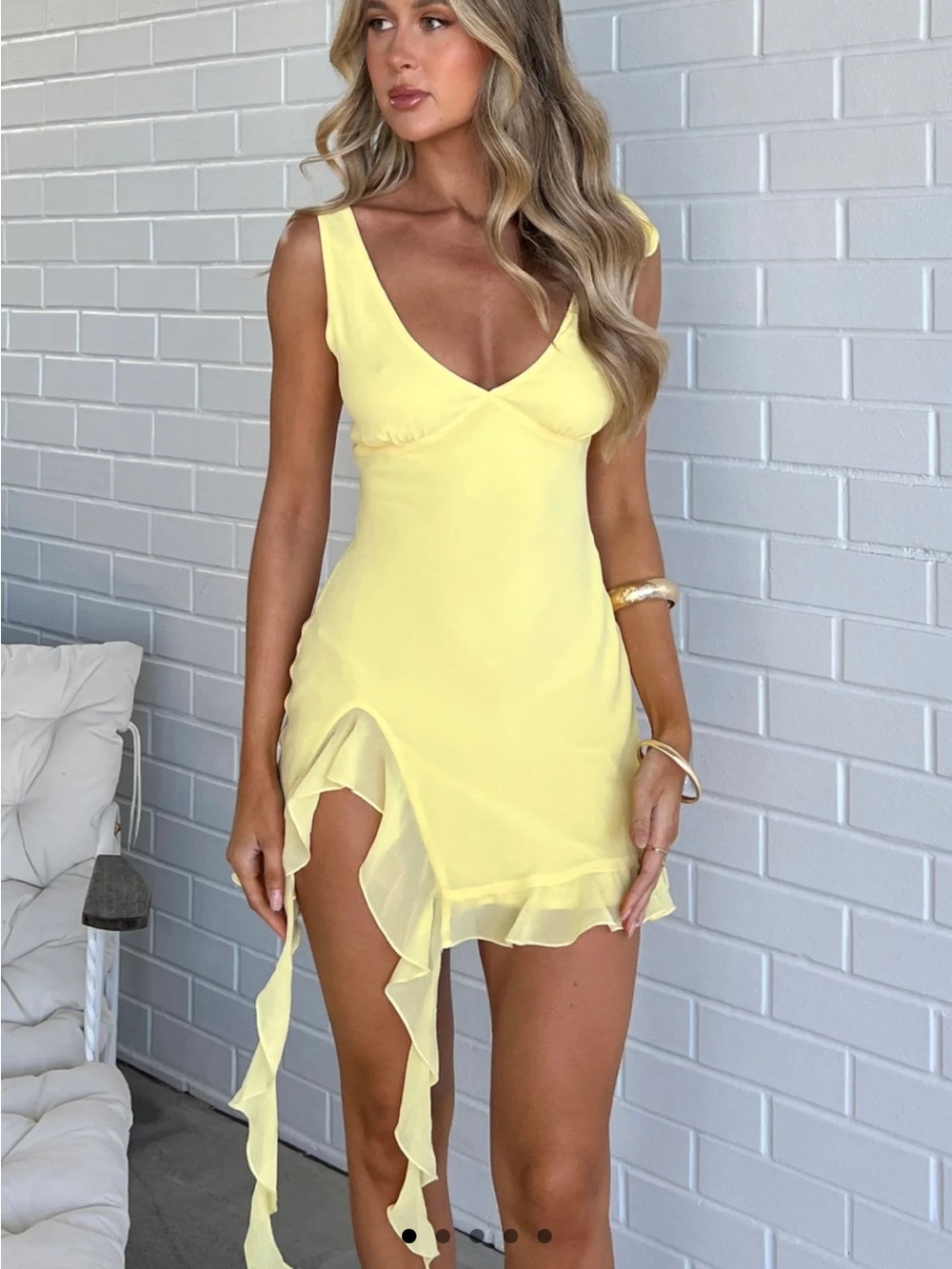 White Fox Boutique Pale Yellow Ruffle Mini Dress